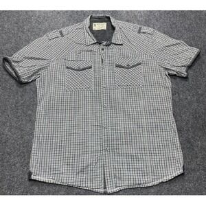 Marc Ecko Cut & Sew Shirt Mens XL Blue Gray Plaid Short Sleeve Button Up Epaulet